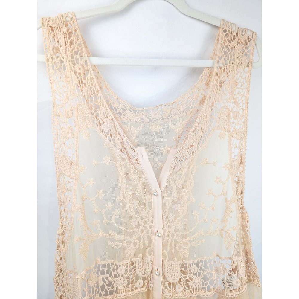 Vintage Y2K Floral Fairy Lace Button Tank Sheer Mesh Layer Boho Indie Romantic - Picture 3 of 9